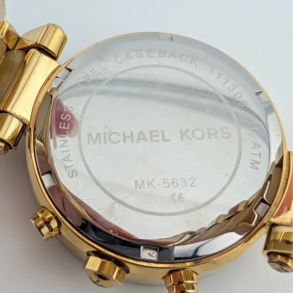 Michael Kors Parker MK5632 Gold Tone Crystal Bezel Horn Acetate Chrono Watch